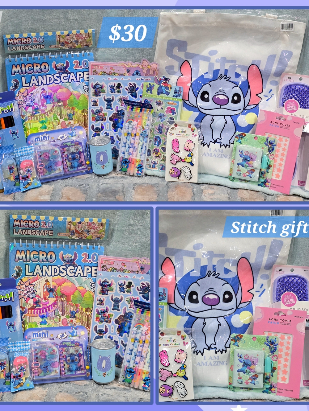 Stitch Graphic Tote Bag - Blue, Pink, White, Filled With Matching Accessories